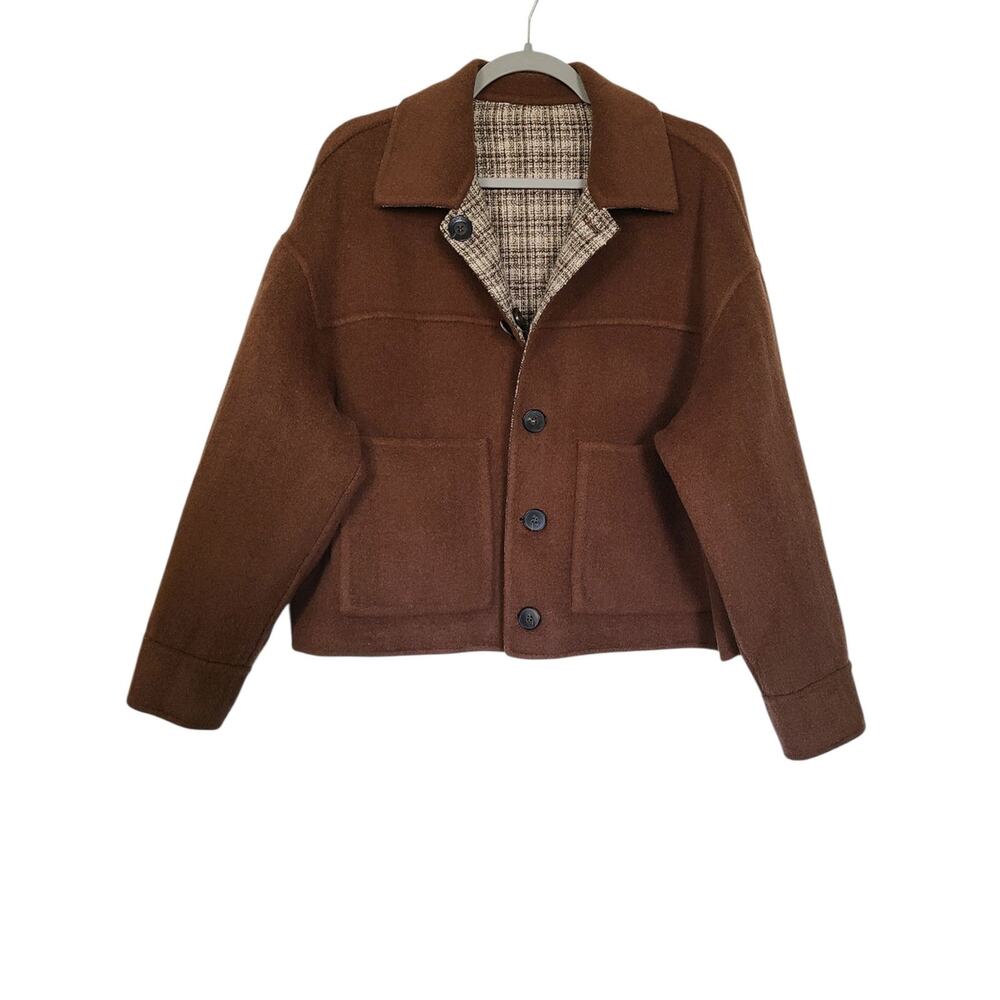 Fabrique Rowan Reversible Double Face Merino Wool Jacket Brown Plaid Size S